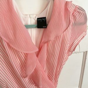 Coral and white striped wrap ruffle dress